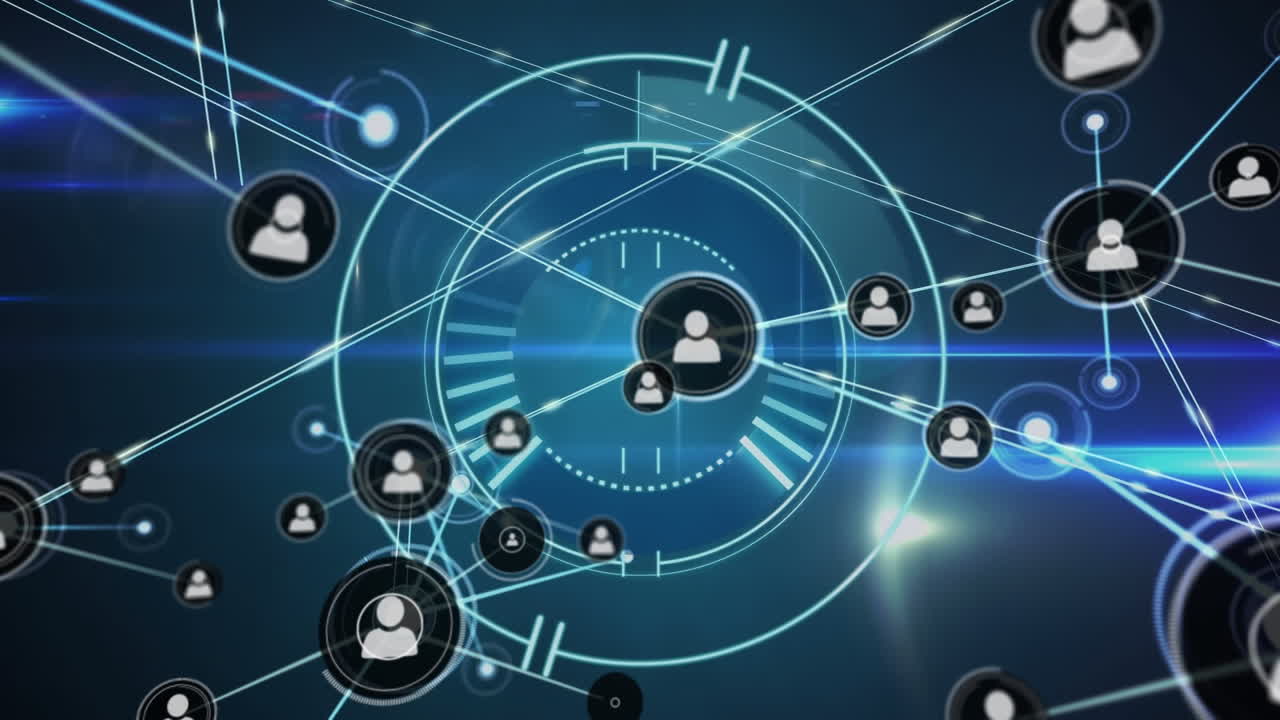 animación de una red de iconos de perfil sobre un escáner redondo y senderos de luz contra un fondo azul.