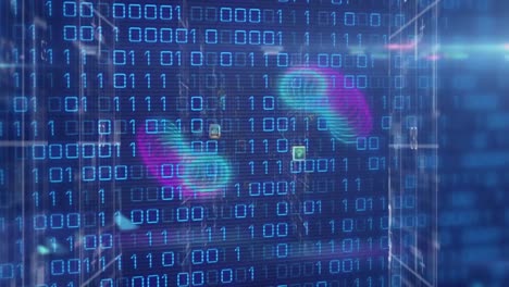 animación del procesamiento de datos con formas e iconos sobre fondo negro