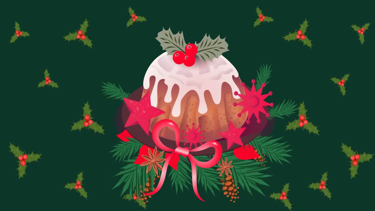 녹색 배경 에 있는 잎 위 에 있는 크리스마스 케이크 의 애니메이션