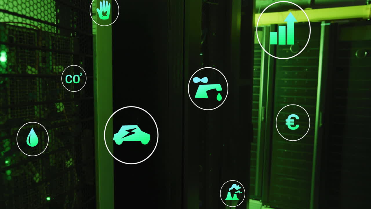 animación de iconos ecológicos y procesamiento de datos a través de servidores informáticos.