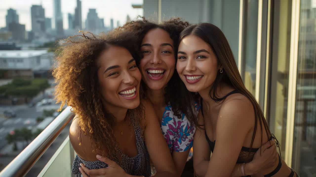 Gravação de câmera de três mulheres inclinadas, abraçando-se e rindo na sacada, usando tops de alça