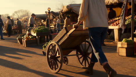 a bustling market scene with a wooden cart full of fresh produce