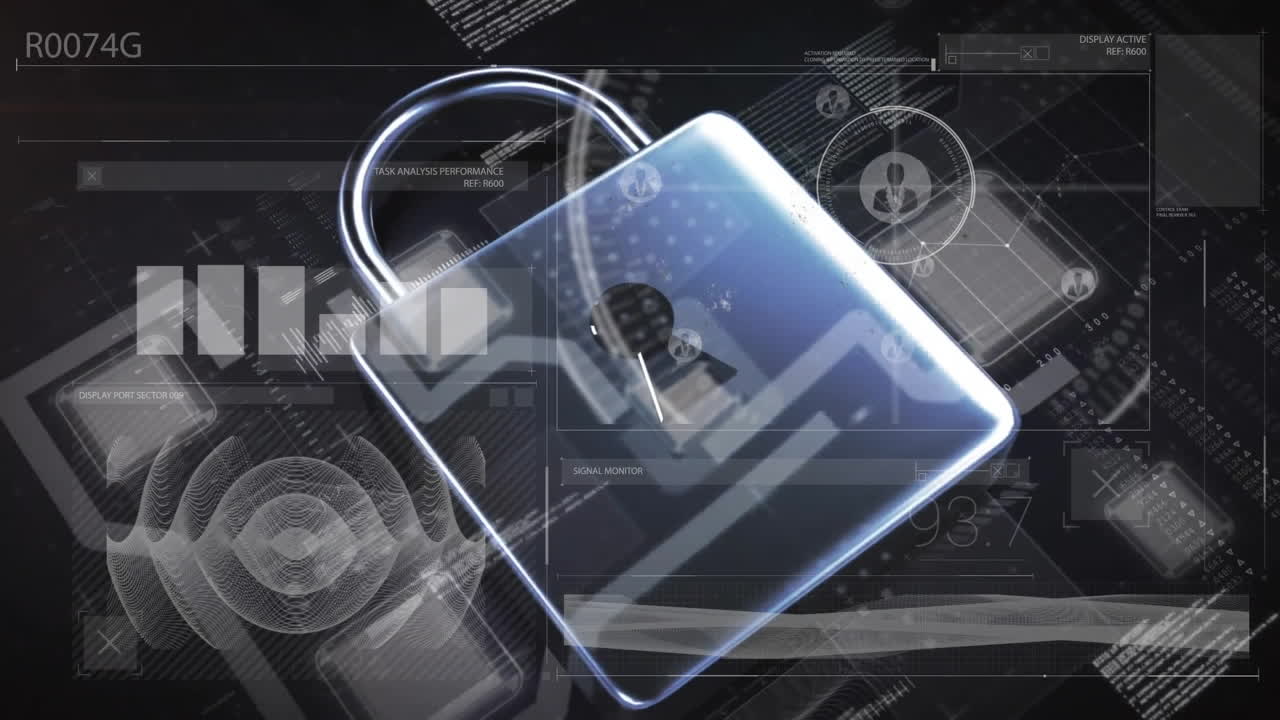 Animation of padlock icon over data processing on interface screens with black background