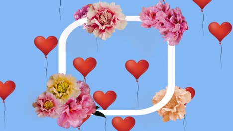 animation of white frame with flowers over red heart balloons on blue background