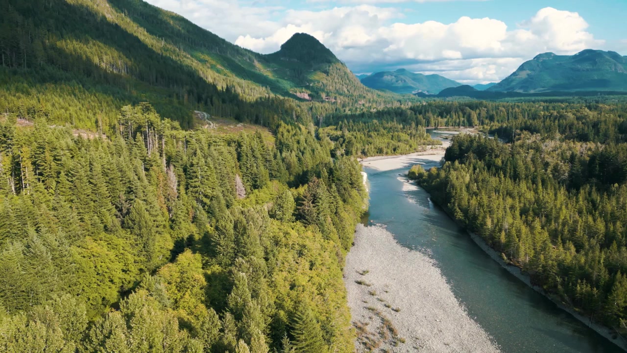 Flyfoto over Highway 19 og Nimpkish River på nordlige Vancouver Island med vakkert landskap på en solrik sommerdag, Vancouver Island, Britisk Columbia, Canada