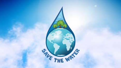 animation of globe and save the water in water drop over sky