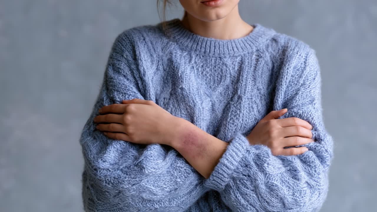 Retrato Emocional de una Mujer Joven con un Acogedor Suéter Azul y Brazos Cruzados, Capturando un Momento de Vulnerabilidad Contra un Fondo Gris Suave