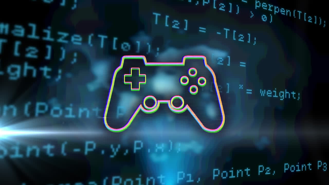 animación del icono del controlador de videojuego, punto de luz, mapa del mundo, procesamiento de datos en fondo negro