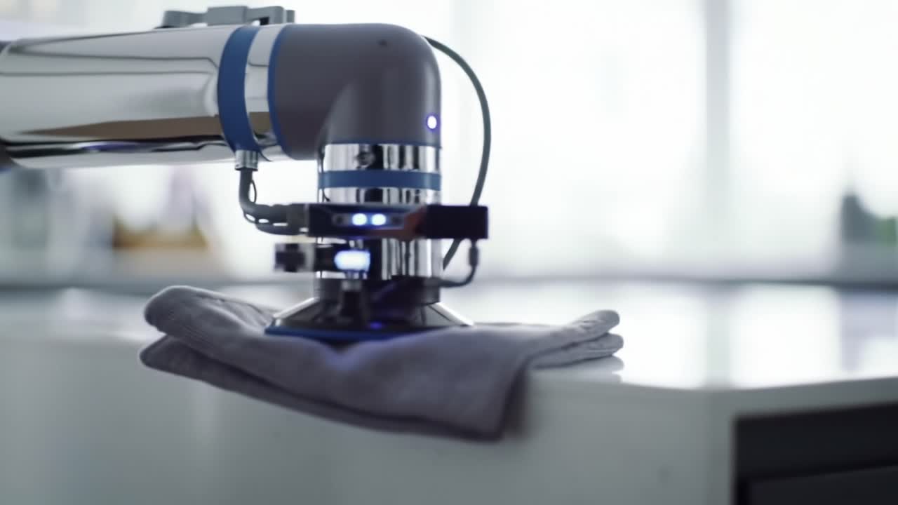 Advanced Robotic Arm Demonstrating Precision Handling of Fabric on a Modern Tabletop in a Bright, Contemporary Environment