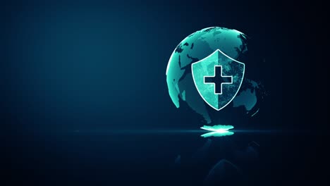 global network medical healthcare system protection concept. futuristic medical health protection shield icon with shining wireframe above multiple on dark blue background. seamless loop 4k animation.