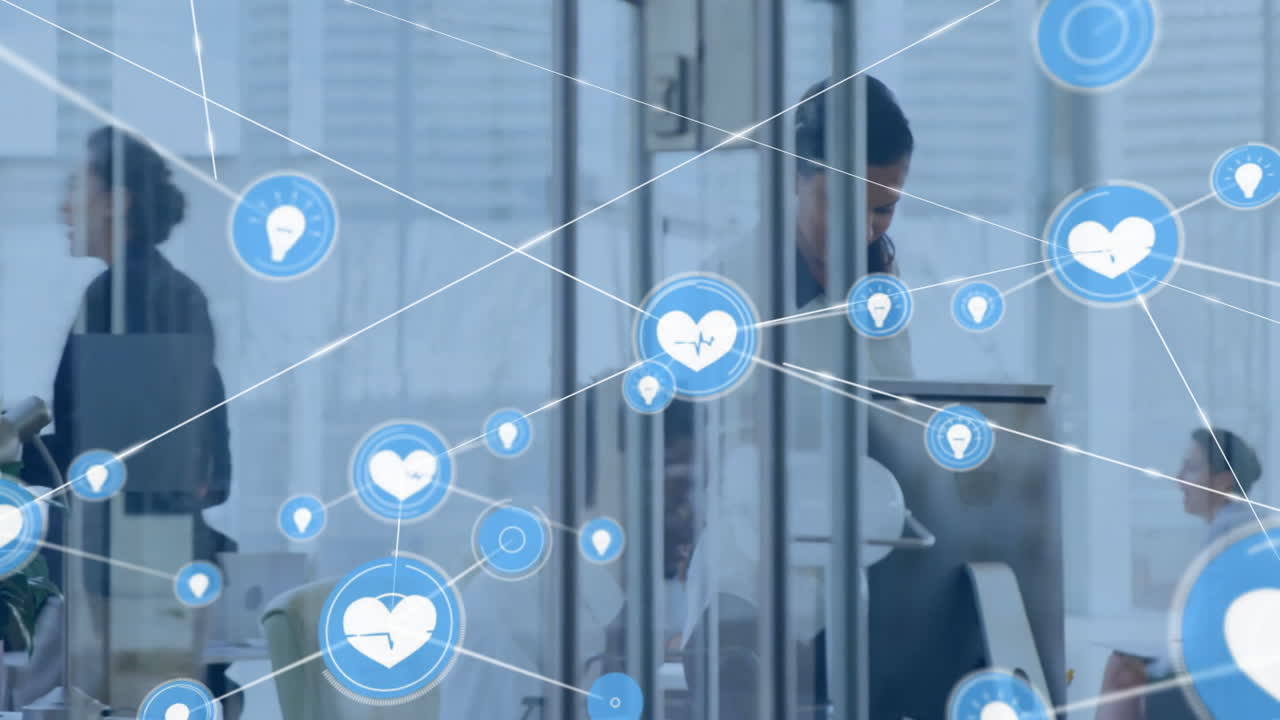 사무실에서 다양한 사업가들과의 아이콘과의 연결 네트워크의 애니메이션