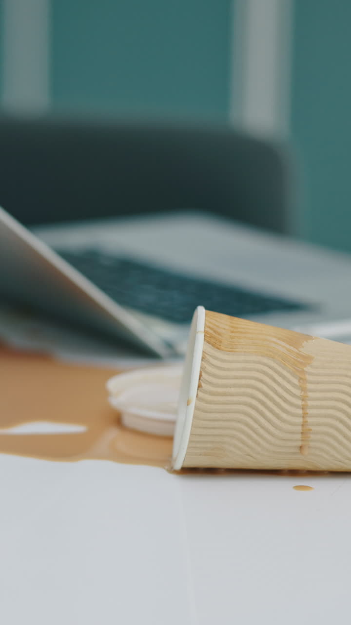 Spilled coffee on a desk with a laptop