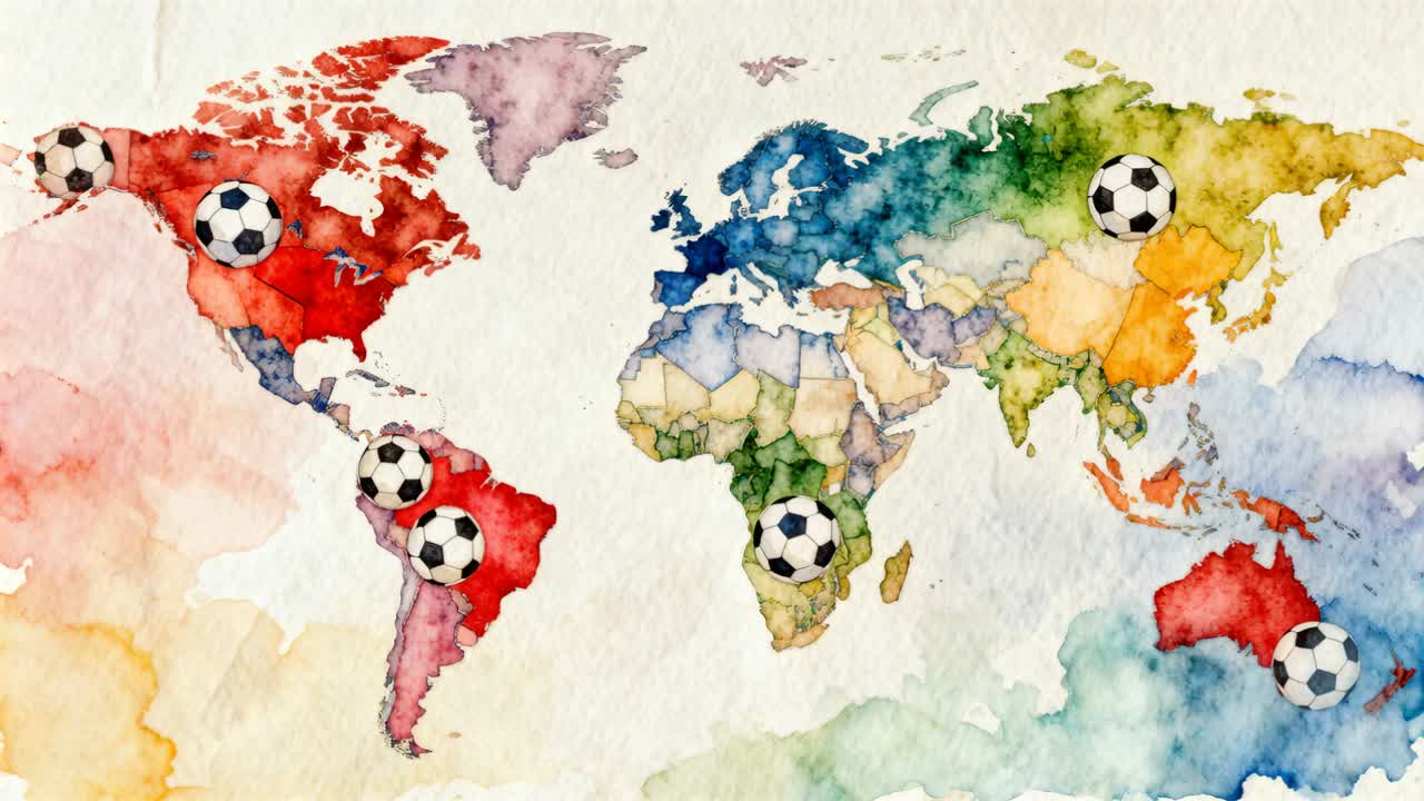 Em reprodução, animando 5 marcadores de bola de futebol se movendo em um mapa aquarela sobre papel texturizado, marcando centros.