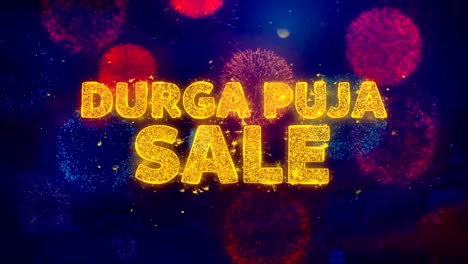 durga puja sale text on colorful firework explosion particles.