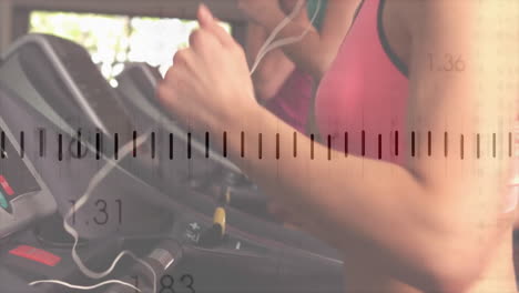 running on treadmills, people with fitness tracking overlay animation in gym