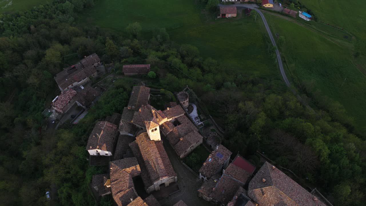 Above View Of The Medieval Village Of Vigoleno, Province of Piacenza, Italy. Aerial Drone Shot