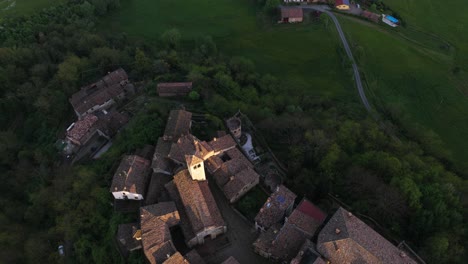 above view of the medieval village of vigoleno, province of piacenza, italy. aerial drone shot