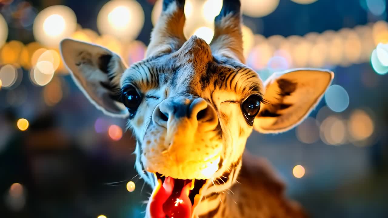 생일 케이크에 불을 불어넣는 지라프