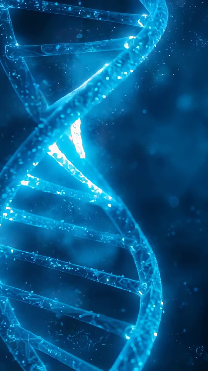 Video verticale: rendering in 3D di un hotspot a doppia elica del DNA che appare, si muove e brilla in laboratorio tra delle particelle