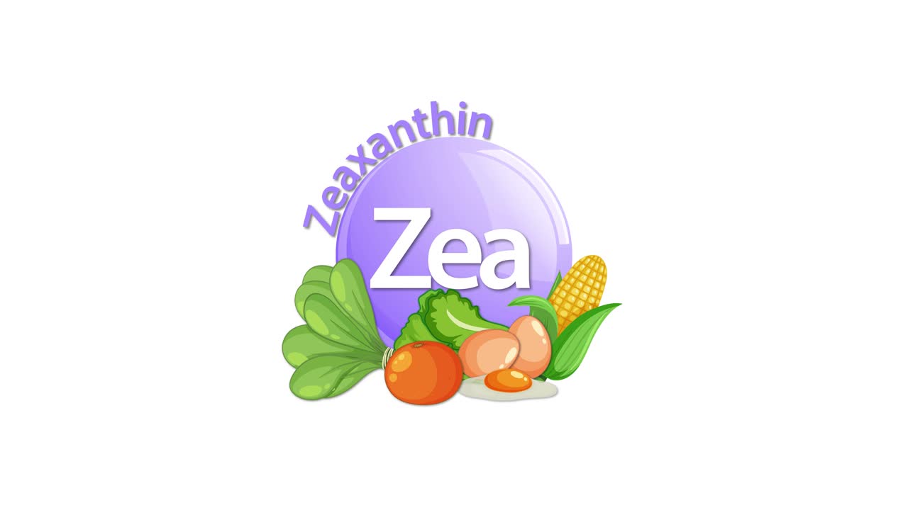 A purple Zeaxanthin icon animates in, surrounded by illustrated spinach, corn, orange, and leafy greens, set against a clean white background