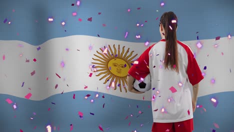 Animation-of-caucasian-female-soccer-player-over-flag-of-argentina