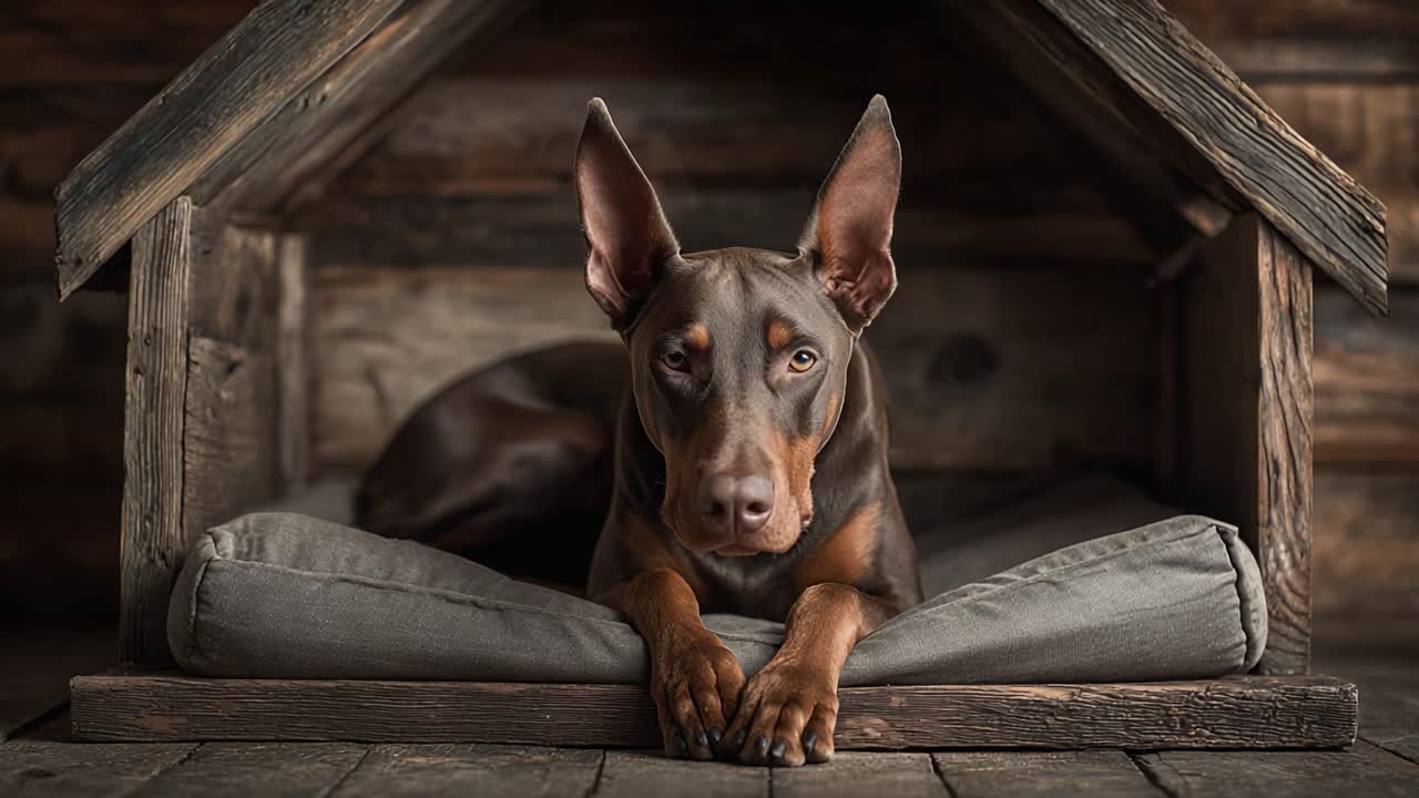 Un Doberman Pinscher rilassato che riposa comodamente all'interno della sua accogliente cuccia in legno, con un'espressione serena e un morbido cuscino per il massimo comfort.