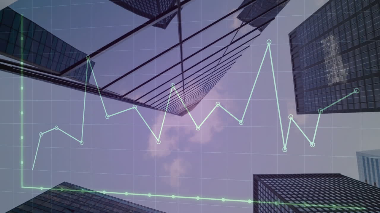 Animating line graph over skyscrapers and sky background