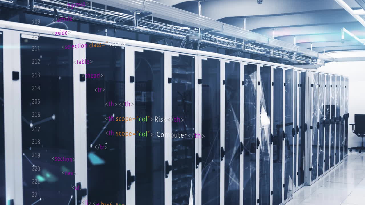 Computer code animation over servers in data center