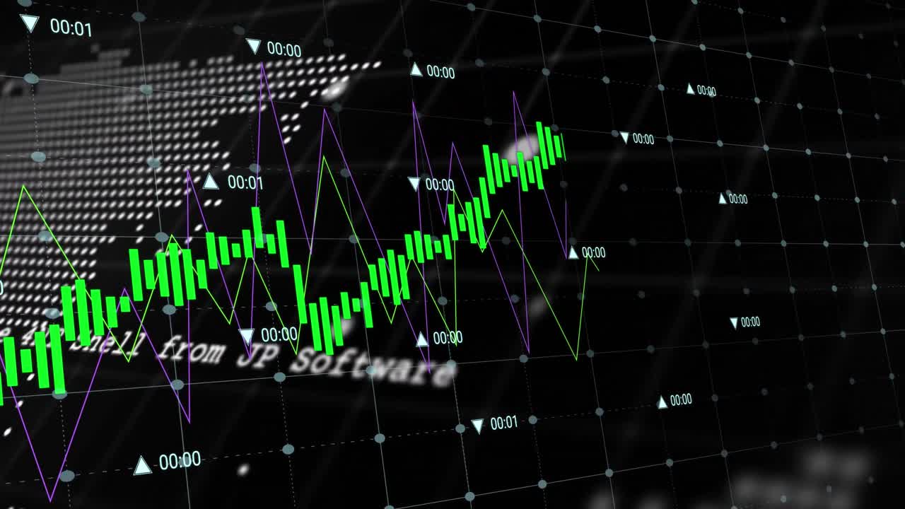 animación de gráficos con números cambiantes en lenguaje informático, globo terráqueo y mapa sobre fondo negro