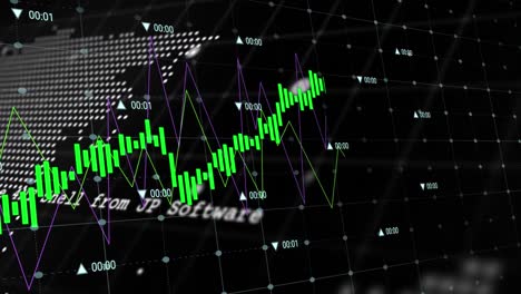 Animación-De-Gráficos-Con-Números-Cambiantes-En-Lenguaje-Informático,-Globo-Terráqueo-Y-Mapa-Sobre-Fondo-Negro