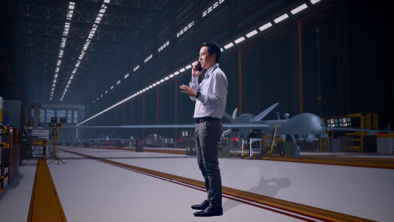 Vista laterale a figura intera di un lavoratore professionista maschio asiatico in piedi, drone militare moderno in un hangar di manutenzione, che sta parlando con qualcuno al telefono e muove la mano sinistra.