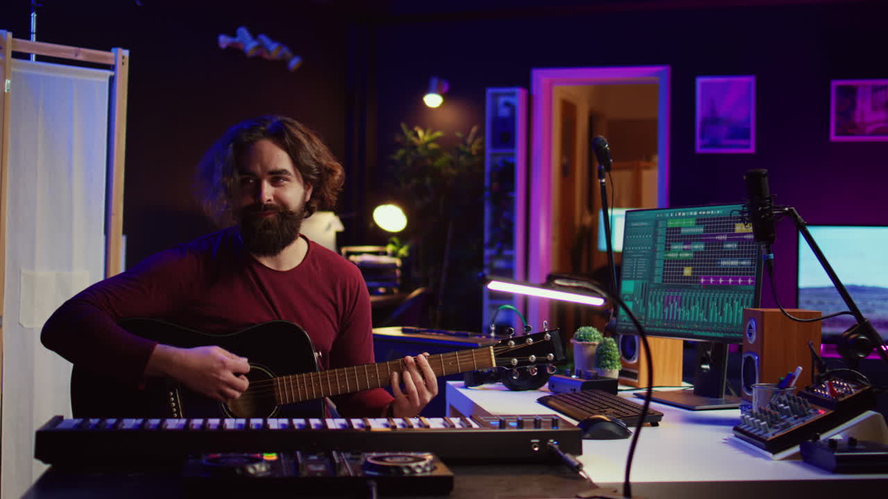 retrato de un artista grabando melodías en el software daw con su guitarra