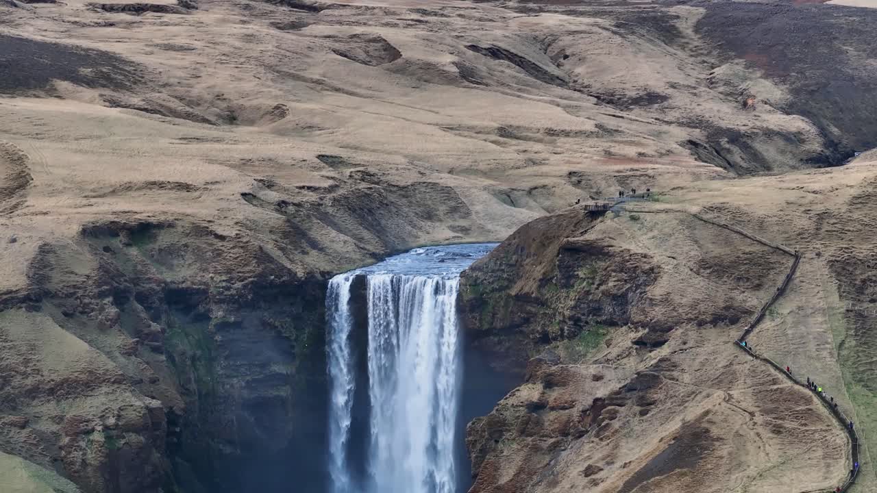 Experience the enchanting allure of nature and capture the flowing grace of a cascading waterfall in a mesmerizing panning shot, Waterfall Skogafoss