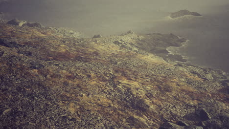 rocky coastline at sunrise with gentle waves lapping at the shore
