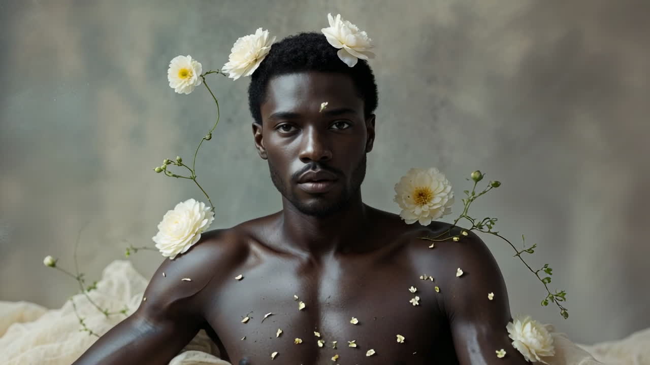 Artistic Portrait of a Man with White Flowers