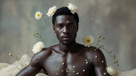 artistic portrait of a man with white flowers