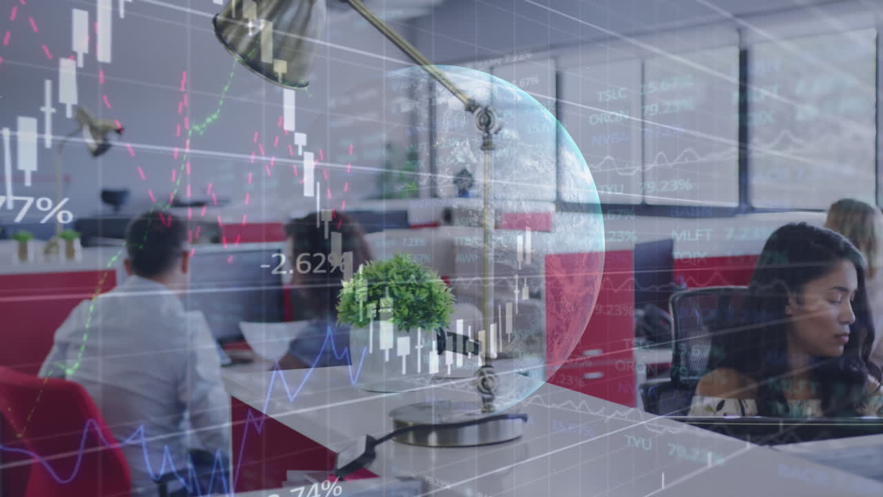 사무실에서 일하는 사무실 동료들에 대한 전 세계 금융 데이터 처리