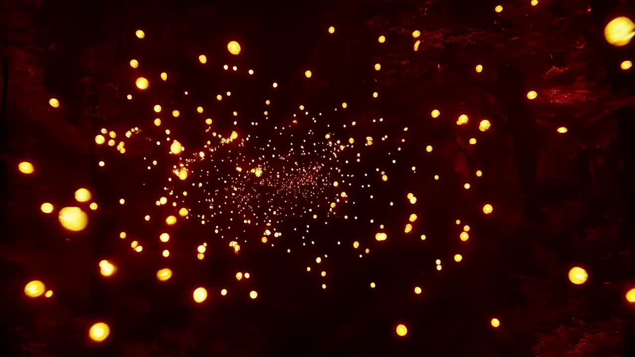 Sciame centrale pulsante che ruota dopo l'avvio della sequenza in un campo con texture rosso intenso, con sfere luminose