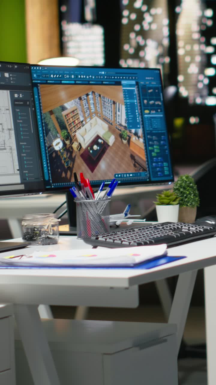 Vertical Video Contemporary office desk with CAD interface displaying digital blueprints