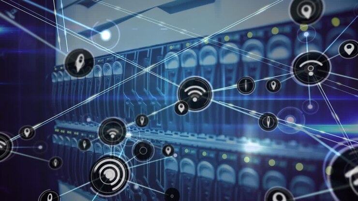 Animation of network of connections with icons over server room and data processing