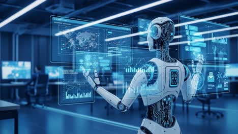 a futuristic robot analyzing data in a high-tech command center, interacting with advanced digital interfaces displaying complex analytics and visualizations