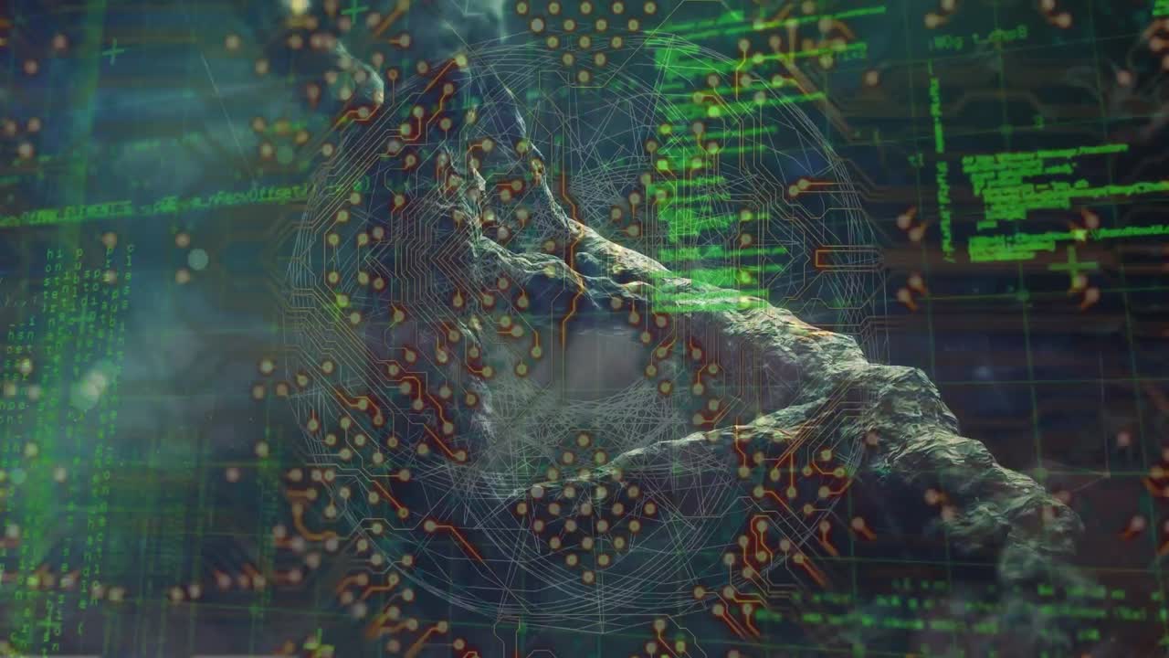 animación de procesamiento de datos y placa de circuitos informáticos sobre una cadena de adn