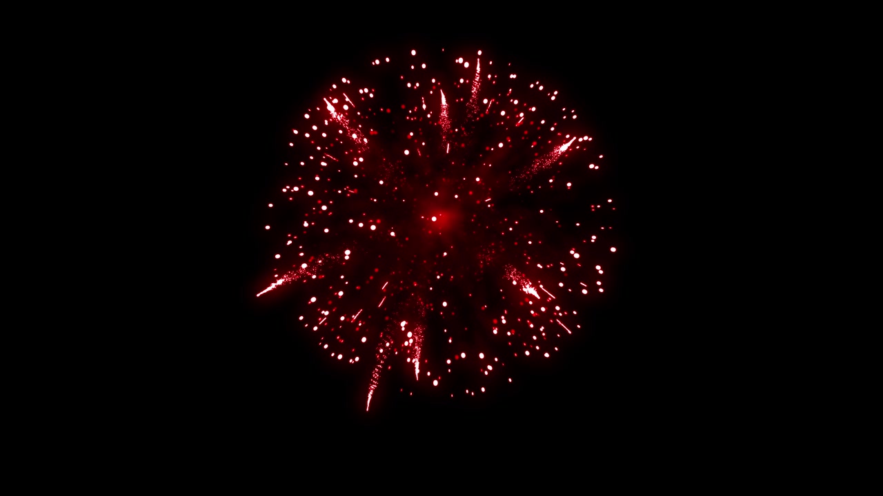 Fuoco d'artificio rosso che esplode con scie scintillanti su sfondo nero. Ideale per sovrapposizioni di Capodanno o per le celebrazioni del 4 luglio. Elemento isolato