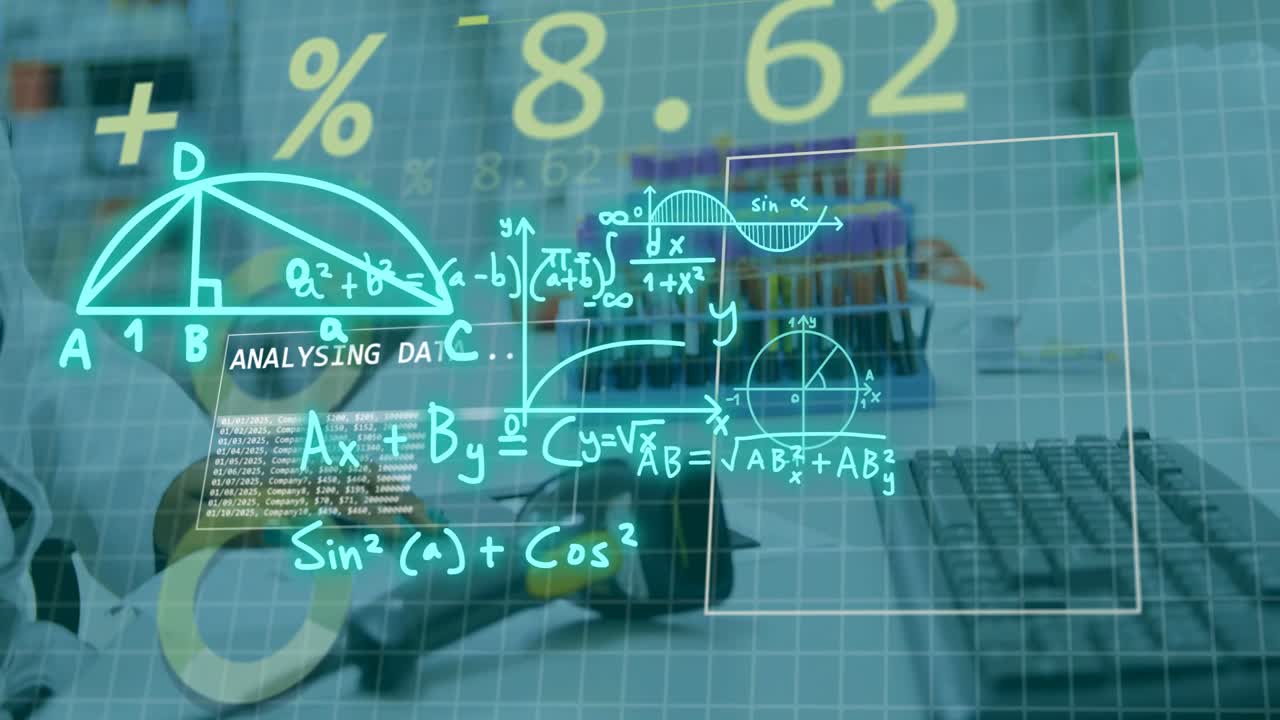 Worker scanning counter, HUD covering hands, updating percent and growing math overlay for stock