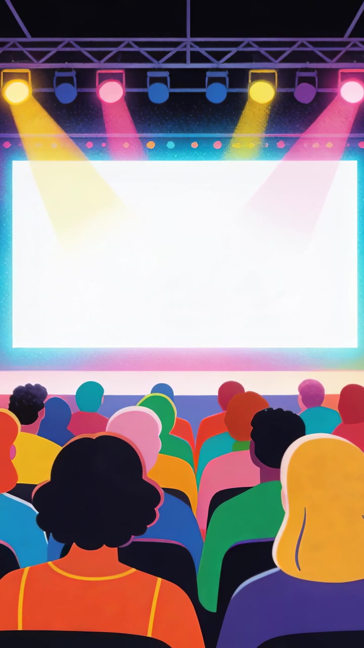 Video verticale: Luci che cambiano, pubblico con magliette al neon che si sporge e si gira verso lo schermo dello spettacolo nella sala.