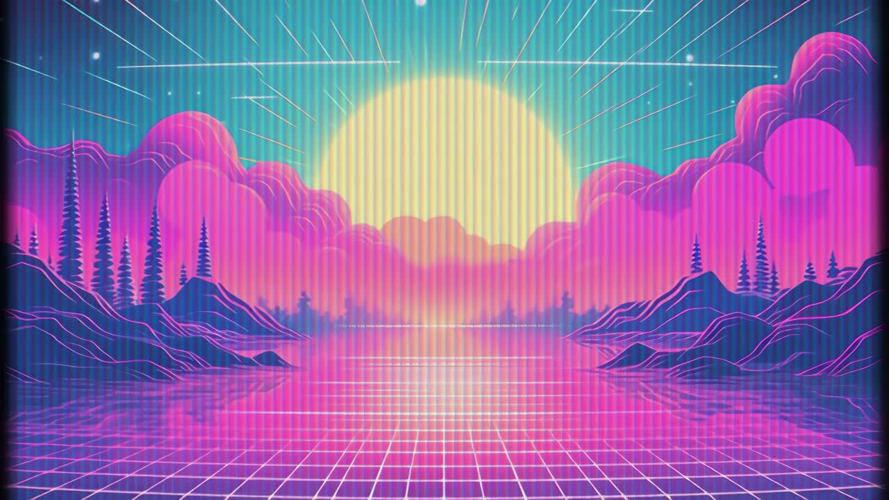 Paesaggio retro-futuristico con colori neon, linee della griglia e un sole splendente