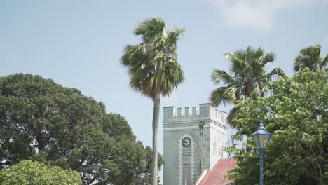 Barbados-Isla-Del-Caribe-Oriental-Establecida-De-Torre-Colonial-Con-Palmeras-Y-Vegetación-Tropical-Verde