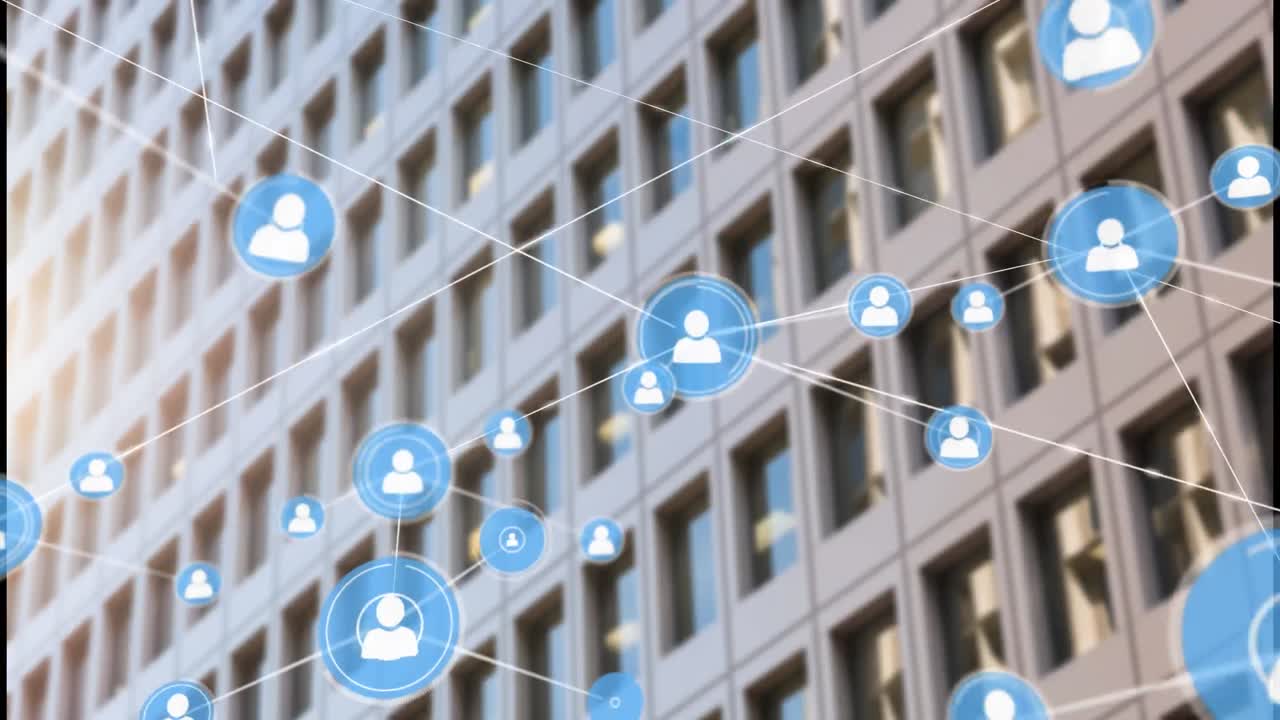 높은 건물의 전망 위에 프로필 아이콘 네트워크의 애니메이션