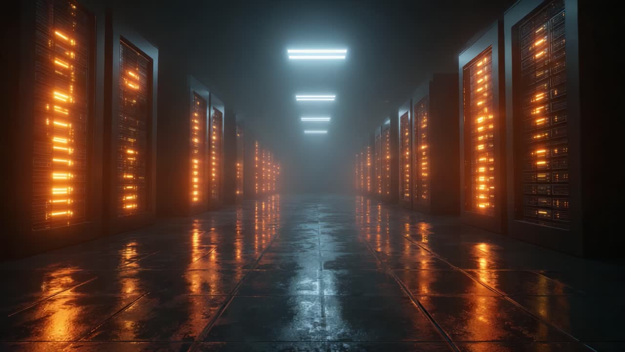 Futuristic Data Center with Illuminated Server Racks and Reflective Floor Captured in Atmospheric Lighting and Fog, Enhancing the High-Tech Ambiance of the Digital Age