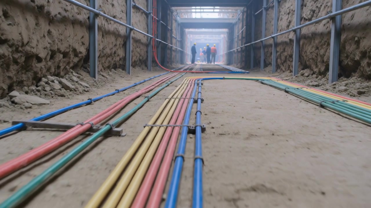 Tracking colored conduits in dug trench camera showing workers in helmets and vests checking clamps